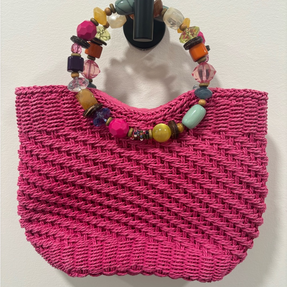 Cappelli Straworld Inc Hot Pink Woven Purse Beaded Handle Handbag Summer Bag